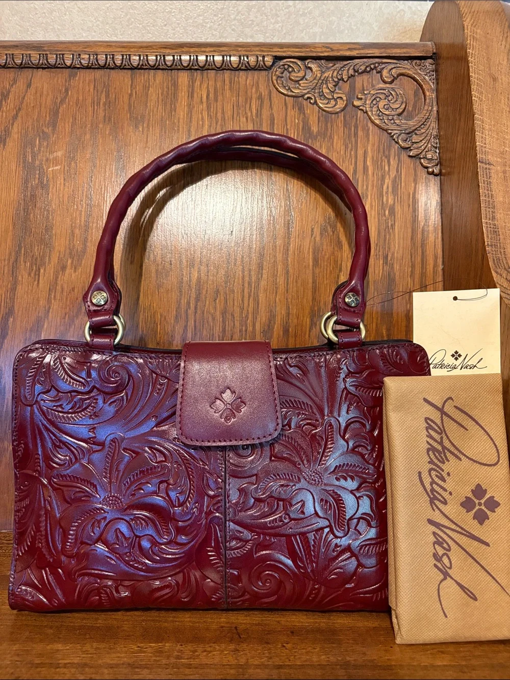 NWT-Patricia Nash-Rienzo Leather Satchel-Tooled Leather-Oxblood-$249